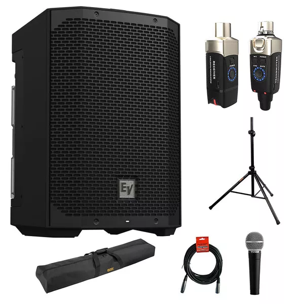 Electro-Voice EVERSE 8 Weatherized Powered Speaker with Bluetooth Control Bundle with Electro-Voice Battery Pack for EVERSE 8, Auray SS-47S Speaker Stand, Speaker Bag, Vocal Mic and XLR-XLR Cable