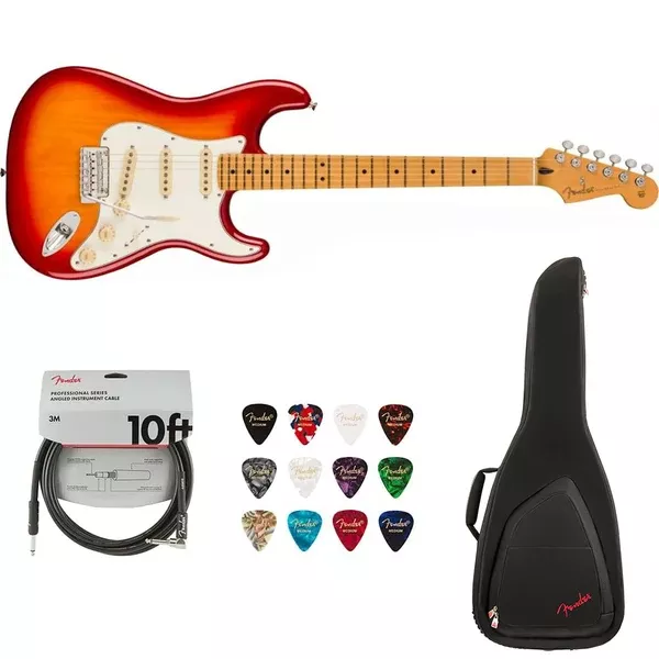 Fender Player II Stratocaster, Maple Fingerboard, Aged Cherry Burst Bundle with Fender FE620 Electric Guitar Gig Bag (Black), Fender 12-Pack Picks and Fender 10ft Instrument Cable