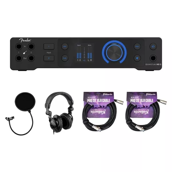Fender Quantum HD 2 20x24 USB-C Audio Interface Bundle with Kellards XLR-P20T 20ft XLR Microphone Cable (Pack of 2), Polsen HPC-A30 Closed-Back Studio Monitor Headphones, Pop Filter