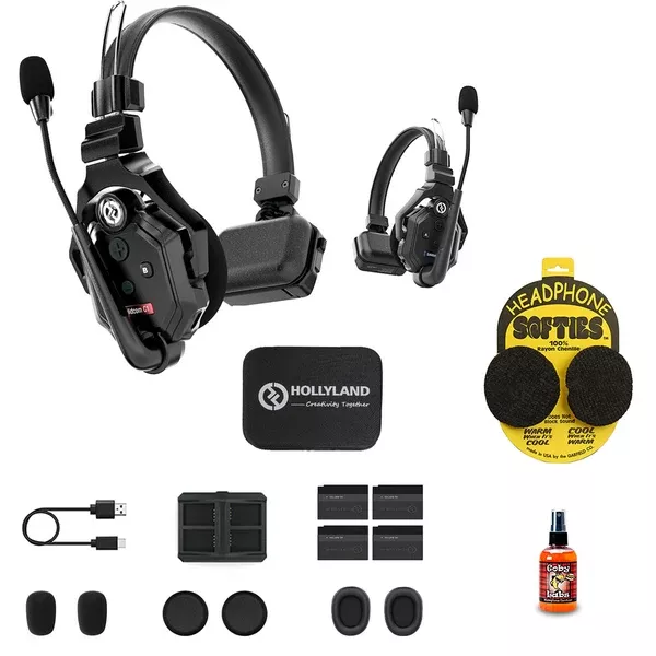 Hollyland Solidcom C1-2S Full-Duplex Wireless DECT Intercom System with 2 Headsets (1.9 GHz) Bundle with Headphone Softie Earpad Covers and Microphone Sanitizer Spray