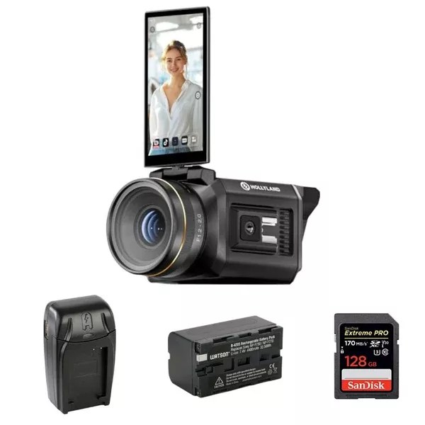 Hollyland VenusLiv V2 Wireless Live Streaming Camera Bundle with SanDisk 128GB Memory Card, SDSDXXY-128G-ANCIN, Watson NP-F770 Lithium-Ion Battery Pack (7.4V, 4400mAh), Watson Compact AC/DC Charger