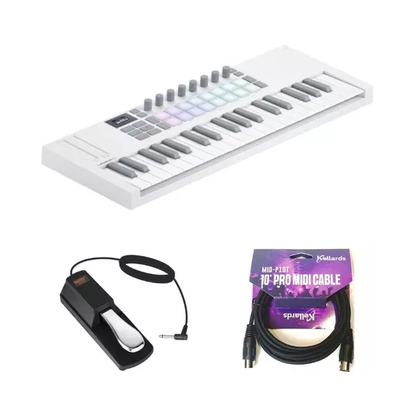 Novation Launchkey Mini 37 MK4 USB MIDI Keyboard Controller (White, 37 Mini Keys) Bundle with Auray FP-P1L Universal Piano-Style Sustain Pedal, Kellards MID-P10T Pro MIDI to MIDI Cable 10 Feet