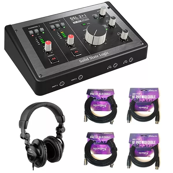 Solid State Logic SSL 2+ MKII - 2x4 USB Audio Interface Bundle with Polsen HPC-A30 Closed-Back Studio Monitor Headphones, 2x Kellards XLR-P20T Pro 20' XLR Cable and 2x MID-P10T Pro MIDI Cable 10'