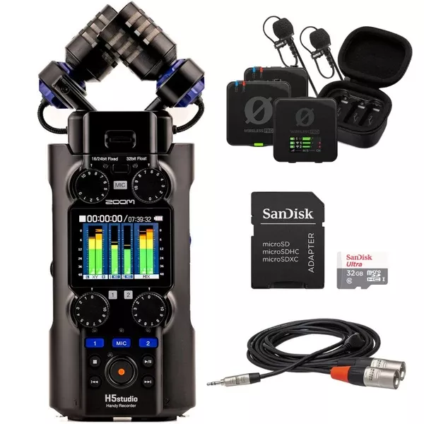Zoom H5studio 4-Track Handy Recorder with 32-Bit Float Recording Wireless Kit Bundle with RODE Wireless PRO Microphone 2.4 GHz, SanDisk 32GB Ultra UHS-I microSDHC Memory Card with SD Adapter