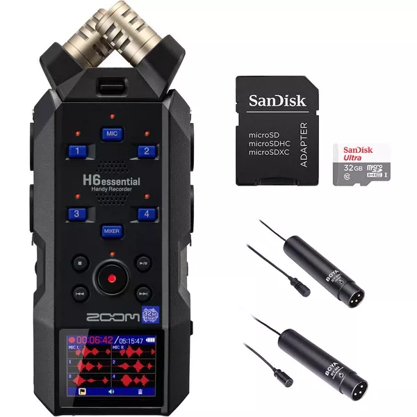 Zoom H6essential 6-Track 32-Bit Float Portable Audio Recorder Bundle with 32GB Ultra UHS-I microSDHC Memory Card, 4-Pack AAA Batteries, and Kellards Cleaning Pack